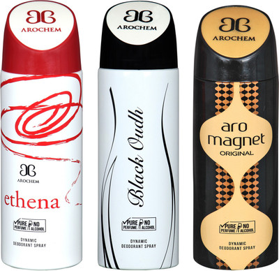 

Arochem Ethena & Black Oudh & Aro Magnet Combo Pack Dynamic Deodorant Spray Deodorant Spray - For Men & Women(600 ml, Pack of 3)