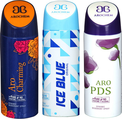 

Arochem Aro Charming & Ice Blue & Aro PDS Combo Pack Dynamic Deodorant Spray Deodorant Spray - For Men & Women(600 ml, Pack of 3)