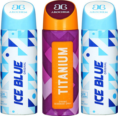 

Arochem Ice Blue & Titanium Combo Pack Dynamic Deodorant Spray Deodorant Spray - For Men & Women(600 ml, Pack of 3)