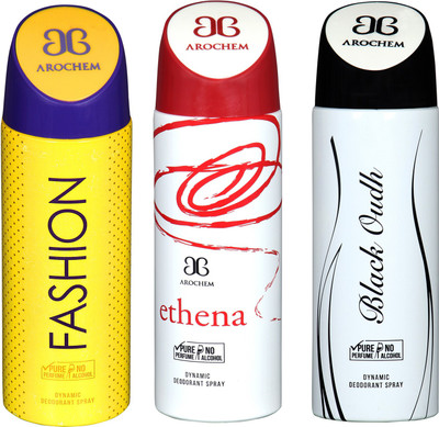 

Arochem Fashion & Ethena & Black Oudh Combo Pack Dynamic Deodorant Spray Deodorant Spray - For Men & Women(600 ml, Pack of 3)