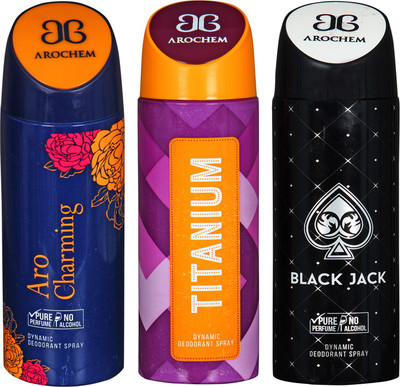 

Arochem Aro Charming & Titanium & Black Jack Combo Pack Dynamic Deodorant Spray Deodorant Spray - For Men & Women(600 ml, Pack of 3)