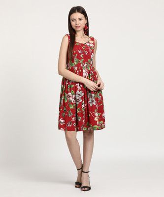 Tokyo Talkies Women Gathered Red, Green Knee Length Dress