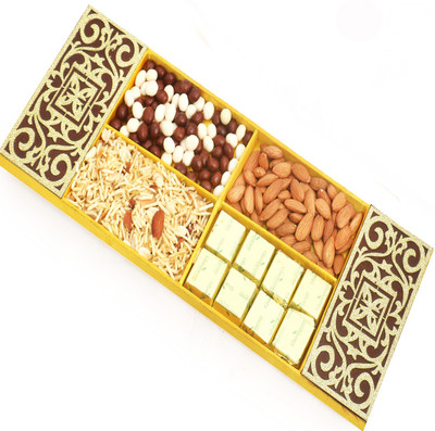 

Ghasitaram Gifts Diwali Gifts -Diwali Hampers Lazer Almonds, Namkeen, Nutties and Chocolate Tray Combo(4)