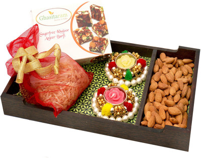 

Ghasitaram Gifts Diwali Gifts - Hampers Green Wooden Tray Hamper of Natural Sugarfree Mix, Namkeen, Almonds and T-lites Combo(6)