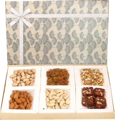 

Ghasitaram Gifts Diwali Gifts - Hampers Grey 6 Part Assorted Dryfruits, Sugarfree Figs and Dates Bites and Roasted Namkeen Box Combo(7)