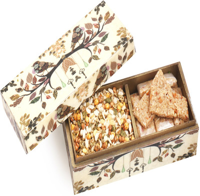 

Ghasitaram Gifts Diwali Gifts - Hampers Wooden 2 part Granola Bars and Protein Mix Namkeen Box Combo(3)
