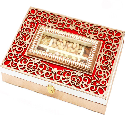 

Ghasitaram Gifts Diwali Gifts -Diwali Hampers Wooden Lazer Red 6 Part Almonds, Pistachios, Nutties, Namkeen, Chocolate Fruit and English Brittles Chocolates Box Combo(6)