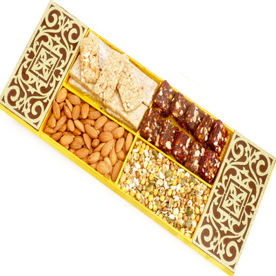 

Ghasitaram Gifts Diwali Gifts - Hampers Lazer Almonds, Roasted Protein Namkeen, Granola Bars and Sugarfree Dates Figs Bites Box Combo(5)