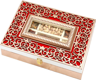 

Ghasitaram Gifts Diwali Gifts - Hampers Wooden Lazer Red 6 Part Assorted Dryfruits, Sugarfree Figs and Dates Bites and Roasted Namkeen Box Combo(7)