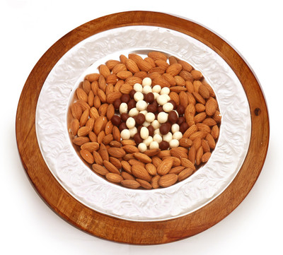

Ghasitaram Gifts Diwali Gifts -Diwali Hampers Silver Wooden Almond and Nutties Platter Combo(3)
