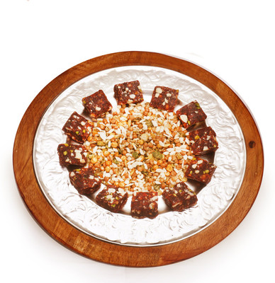 

Ghasitaram Gifts Diwali Gifts - Hampers Silver Wooden Healthy Dates Figs Bites and Roasted Protein Mix Namkeen Platter Combo(3)