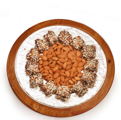 

Ghasitaram Gifts Diwali Gifts -Diwali Hampers Silver Wooden Almond and English Brittle Chocolate Platter Combo(3)