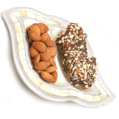 

Ghasitaram Gifts Diwali Gifts -Diwali Hampers Silver 2 Part English Chocolate Brittles and Almonds Tray Combo(3)
