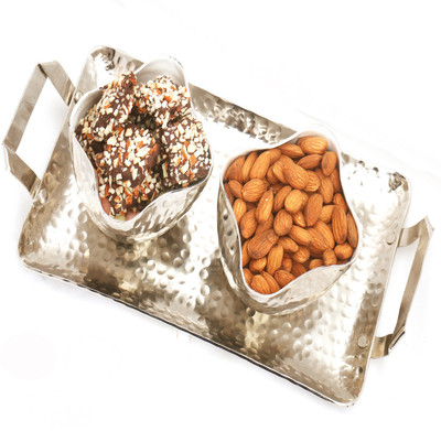 

Ghasitaram Gifts Diwali Gifts -Diwali Hampers Silver Aluminium English Chocolate Brittles and Almonds Tray Combo(3)