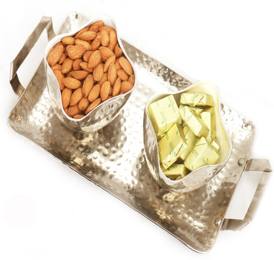 

Ghasitaram Gifts Diwali Gifts -Diwali Hampers Silver Aluminium Chocolate and Almonds Tray Combo(3)