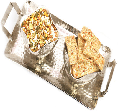 

Ghasitaram Gifts Diwali Gifts - Hampers Silver Aluminium Granola Bars and Protein Mix Namkeen Tray Combo(3)