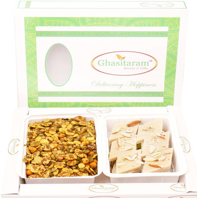 

Ghasitaram Gifts Diwali Gifts - Hampers Diet Protein Mix Namkeen with Sugarfree Kaju Katli Hamper Combo(3)