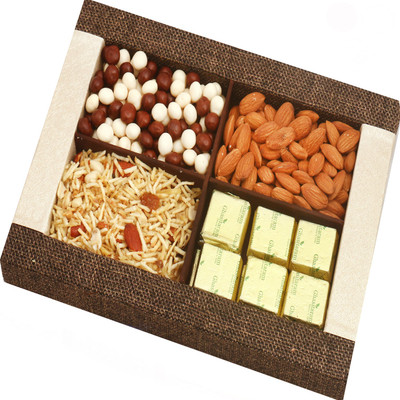 

Ghasitaram Gifts Diwali Gifts -Diwali Hampers Jute Almonds, Namkeen, Nutties and Chocolate Tray Combo(4)