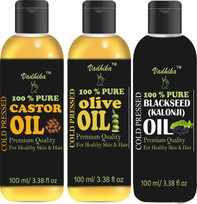 

Vadhika Pure Olive Oil and Castor oil and Blackseed(kalonji) Oil Combo of 3 No.100 ml Bottles(300 ml) (300 ml) Hair Oil(300 ml)
