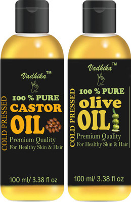Vadhika Extra Light Olive Oil and Castor Oil - 100 % Pure and Natural Combo of 2 No.100 ml Bottles, Hair Oil(200 ml)