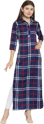 Enchanted Drapes Women Checkered Straight Kurta(Blue)