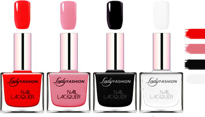 

Lady fashion Extra Shine Extra Long Stay Chip Resistant Nail Polish Red,Silky Pink,Black,White(Pack of 4)