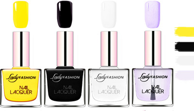 

Lady fashion Extra Shine Extra Long Stay Chip Resistant Nail Polish Yellow,Black,White,Top Coat(Pack of 4)