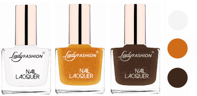 

Lady Fashion Extra Shine Extra Long Stay Chip Resistant Nail Polish (Set Of 3) White,Golden,Mettalic Brown(Pack of 3)