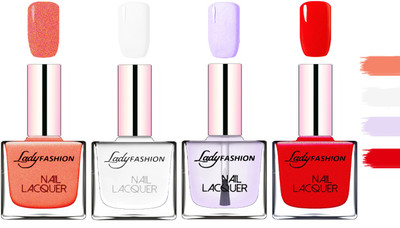 Lady Fashion Extra Shine Extra Long Stay Chip Resistant Nail Polish Orange Silk,White,Top Coat,Red(Pack of 4)