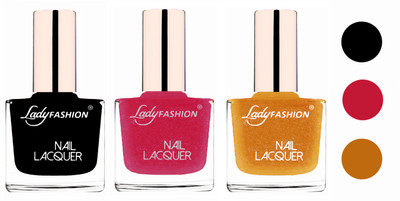 

Lady Fashion Extra Shine Extra Long Stay Chip Resistant Nail Polish (Set Of 3) Black,Abricoat Rose,Golden(Pack of 3)
