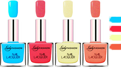 

Lady fashion Extra Shine Extra Long Stay Chip Resistant Nail Polish Sky Blue,Bright Pink,Mettalic Gold,Orange Silk(Pack of 4)