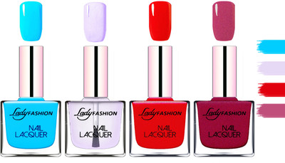 

Lady fashion Extra Shine Extra Long Stay Chip Resistant Nail Polish Sky Blue,Top Coat,Red,Maroon(Pack of 4)