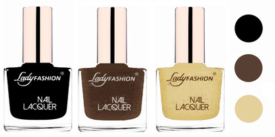 

Lady Fashion Extra Shine Extra Long Stay Chip Resistant Nail Polish (Set Of 3) Black,Mettalic Brown,Mettalic Gold(Pack of 3)