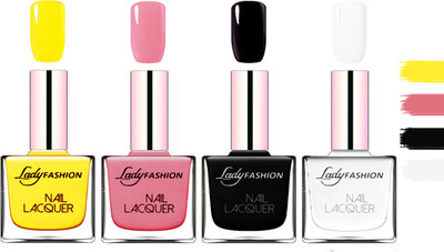 

Lady fashion Extra Shine Extra Long Stay Chip Resistant Nail Polish Yellow,Silky Pink,Black,White(Pack of 4)