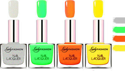 

Lady fashion Extra Shine Extra Long Stay Chip Resistant Nail Polish Grey,Light Green,Juice Orange,Yellow(Pack of 4)