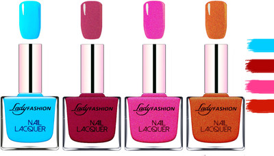

Lady fashion Extra Shine Extra Long Stay Chip Resistant Nail Polish Sky Blue,Maroon,Mettalic Pink,Copper(Pack of 4)