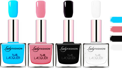 

Lady fashion Extra Shine Extra Long Stay Chip Resistant Nail Polish Sky Blue,Silky Pink,Black,White(Pack of 4)