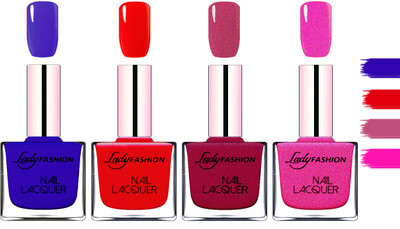

Lady fashion Extra Shine Extra Long Stay Chip Resistant Nail Polish Blue,Red,Maroon,Mettalic Pink(Pack of 4)