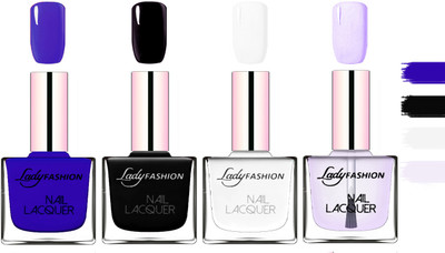 Lady fashion Extra Shine Extra Long Stay Chip Resistant Nail Polish Blue,Black,White,Top Coat(Pack of 4)