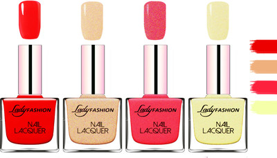 

Lady Fashion Extra Shine Extra Long Stay Chip Resistant Nail Polish Red,Beach Nude,Bright Pink,Mettalic Gold(Pack of 4)