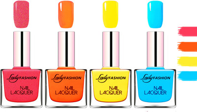 

Lady Fashion Extra Shine Extra Long Stay Chip Resistant Nail Polish Bright Pink,Juice Orange,Yellow,Sky Blue(Pack of 4)