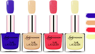 

Lady fashion Extra Shine Extra Long Stay Chip Resistant Nail Polish Blue,Beach Nude,Bright Pink,Mettalic Gold(Pack of 4)