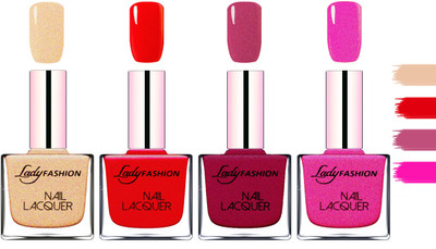

Lady Fashion Extra Shine Extra Long Stay Chip Resistant Nail Polish Beach Nude,Red,Maroon,Mettalic Pink(Pack of 4)