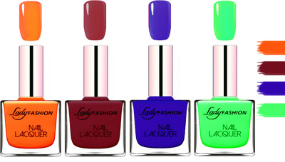 Lady fashion Extra Shine Extra Long Stay Chip Resistant Nail Polish Juicy Orange,Voilet,Blue,Light Green(Pack of 4)