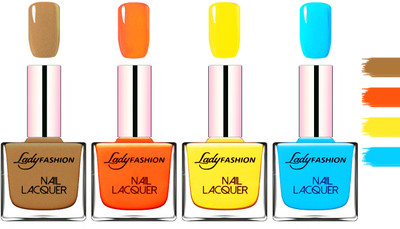 

Lady Fashion Extra Shine Extra Long Stay Chip Resistant Nail Polish Mettalic Brown,Juicy Orange,Yellow,Sky Blue(Pack of 4)