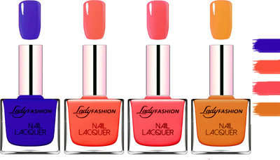 

Lady fashion Extra Shine Extra Long Stay Chip Resistant Nail Polish Blue,Mettalic Brown,Light Orange,Baby Pink(Pack of 4)
