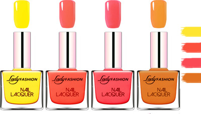 

Lady fashion Extra Shine Extra Long Stay Chip Resistant Nail Polish Yellow,Mettalic Brown,Light Orange,Baby Pink(Pack of 4)