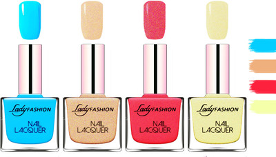 

Lady fashion Extra Shine Extra Long Stay Chip Resistant Nail Polish Sky Blue,Beach Nude,Bright Pink,Mettalic Gold(Pack of 4)