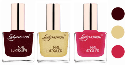 

Lady Fashion Extra Shine Extra Long Stay Chip Resistant Nail Polish (set of 3) Maroon,Mettalic Gold,Mettalic pink(Pack of 3)