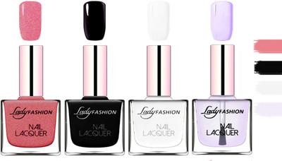 

Lady Fashion Extra Shine Extra Long Stay Chip Resistant Nail Polish Mauve,Black,White,Top Coat(Pack of 4)